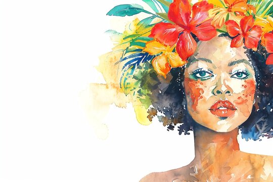 Fijians Fiji Woman, Minimalistic watercolor, on a white background, cute and comical with empty copy space.