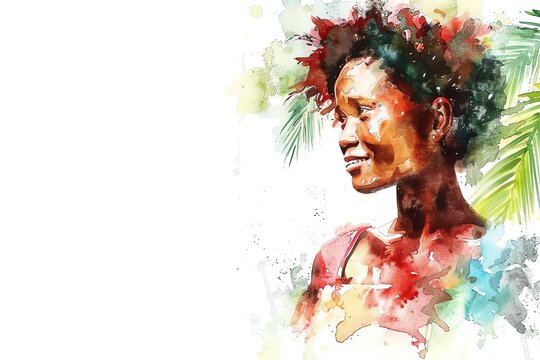 Fijians Fiji Woman, Minimalistic watercolor, on a white background, cute and comical with empty copy space.
