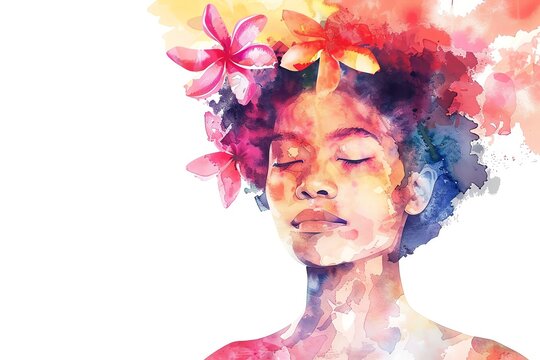 Fijians Fiji Woman, Minimalistic watercolor, on a white background, cute and comical with empty copy space.
