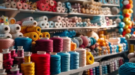 Vibrant spools of thread and yarn on shelves in a craft store, showcasing an array of colors and sizes for sewing and knitting.