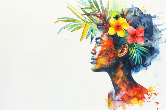 Samoans Samoa Woman, Minimalistic watercolor, on a white background, cute and comical with empty copy space.