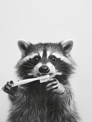black and white picture of a cute, adorable looking and smiling racoon with a toothbrush in its mouth, on a white background, minimalistic portraits --ar 3:4 