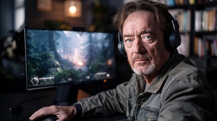 Mature businessman in headphones experiencing virtual reality, seated at a desk with monitor displaying a simulation scenery.