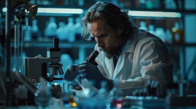 A focused pathologist examines specimens under a microscope in a lab, with a blue background and scientific equipment around.