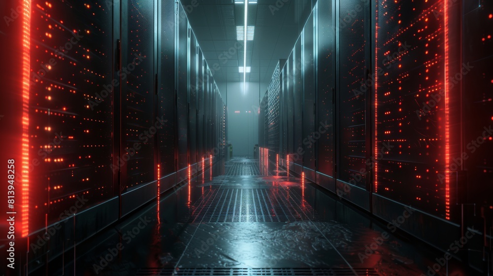 Poster a 3d rendering of modern data center server racks. a visualization concept of the internet of things