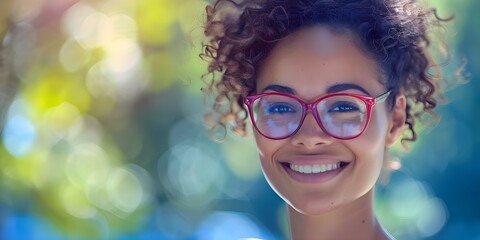 Portrait of a biracial woman with frizzy hair and red glasses smiling outdoors on a sunny day. Concept Outdoor Photoshoot, Smiling Portrait, Diversity, Frizzy Hair, Red Glasses - Powered by Adobe