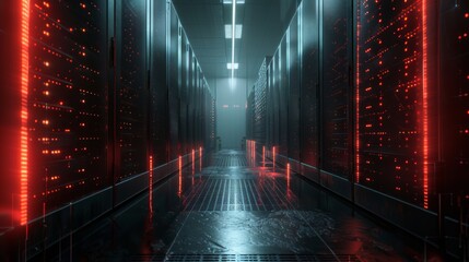 A 3D rendering of modern data center server racks. A visualization concept of the Internet of Things, data flow, and digitalization of internet traffic. An electric equipment warehouse.