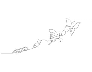 Continuous one line drawing of butterfly life cycle. One line drawing illustration of butterfly metamorphosis. Butterfly transformation concept continuous line art. Editable outline.