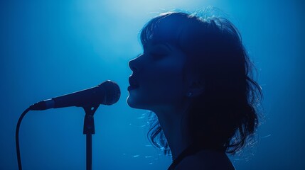 Silhouette of a female singer performing, isolated against a blue backdrop with visible microphone.