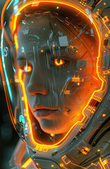 Enhance the beauty of this cyborg girl with glowing orange circuitry and a transparent bubble helmet