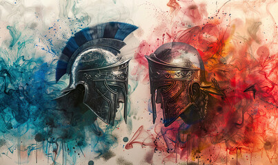 Two Spartan helmets in a vibrant watercolor setting evoke a historic atmosphere. Generate AI