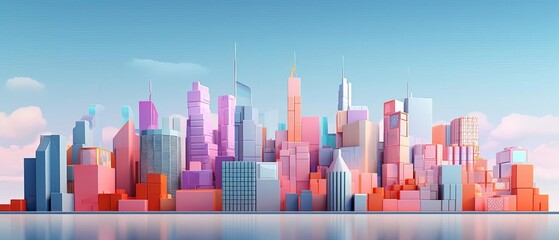 A beautiful 3D rendering of a city with bright colors.