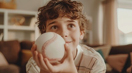 A young sports fan holding a white baseball ball at home. Excited boy looking at the ball and rotating it. Enjoying nostalgia in retro childhood.