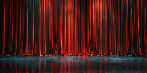 Red velvet stage curtains with reflective floor. Rich red velvet theater curtains set against a reflective blue floor, ideal for dramatic stage settings