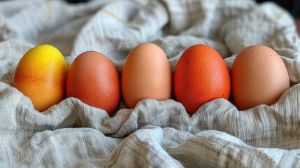   A row of eggs sits on a white cloth beside an orange and another egg