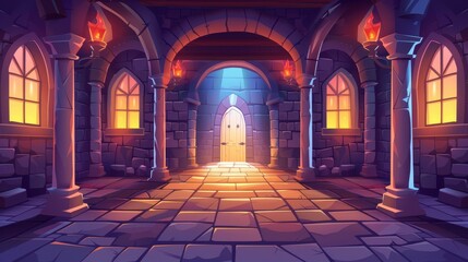 Interior of an ancient palace or castle with pillars, stone walls, windows, and torches. Medieval castle gallery, modern cartoon illustration.