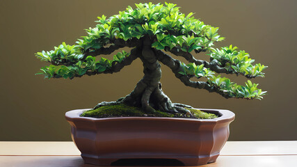 Green bonsai tree in a decorative pot