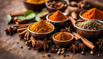 Indian spices. Indian spicy curry masala for making curry in India. Masala tea, Ayurvedic medicine used in India. Ayurveda for good health. Garam masala for meat dishes cinnamon, cardamom ,star anise.