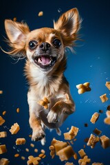 Excited chihuahua with dog food, dynamic food pieces flying, deep blue background, wide angle, high energy