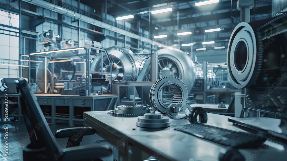 Poster an industrial engineer models an industrial machine part using 3d software on a computer. industry 4