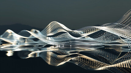 A series of digital waves, composed of light and shadow, undulating across a reflective surface. The waves mimic 
