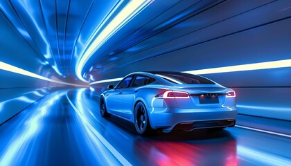Sleek electric car speeding in a tunnel, blue dynamic lighting, rear threequarter view