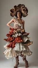 Elegant Woman in Mushroom Inspired Couture Dress Posing in Studio