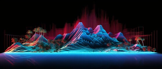 The image is a digital landscape with glowing mountains and a dark background.
