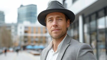 Handsome businessman in a hat and gray suit posing outdoors with modern buildings in the background, looking confident.