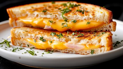 A delectable grilled cheese sandwich with melted cheese and herbs served on a plate.