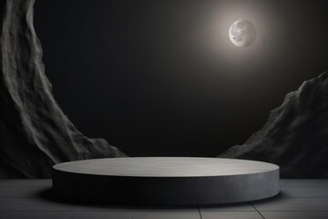 Moon-themed podium with cratered, gray surfaces, set against a minimalist, night background, perfect for showcasing products with a mysterious and celestial character. Copy space