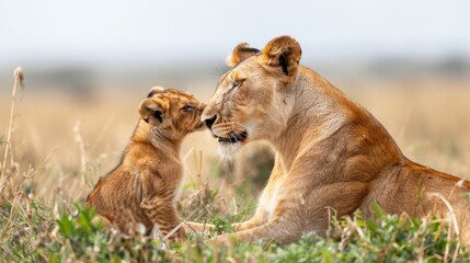 A tender moment as a lioness licks her cub in the Masai Mara, showcasing maternal care in the wild.