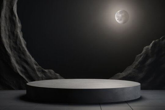 Moon-themed podium with cratered, gray surfaces, set against a minimalist, night background, perfect for showcasing products with a mysterious and celestial character. Copy space