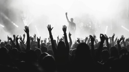 Black and white image of silhouettes of people with hands raised, possibly at a concert or...