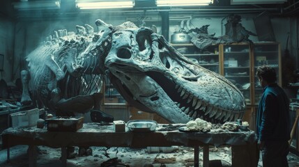 A person stands in a room with a large dinosaur skull and various specimens, creating an eerie atmosphere.