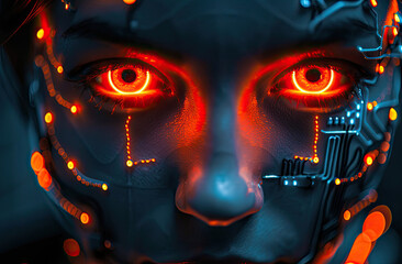 Enhance the image to show a cyborg's face with glowing red eyes. Make the face look more feminine and add some circuitry and glowing orange lights to the face