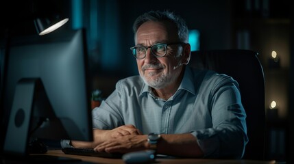 Obraz premium A smiling mature businessman sits by a desktop PC in a dark office, portraying professionalism and contentment.