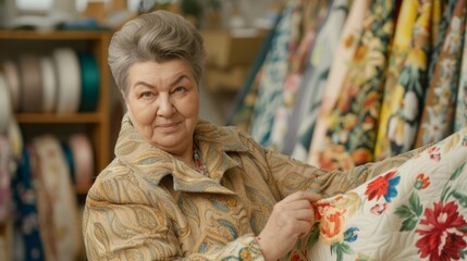 A mature woman with short gray hair holds a straight pin and examines a floral textile with a focused gaze, possibly a seamstress in a fabric store.