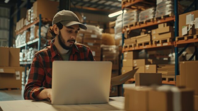 An online shop owner is preparing a small cardboard parcel for shipping. A stylish young inventory manager works on a laptop computer in a warehouse.