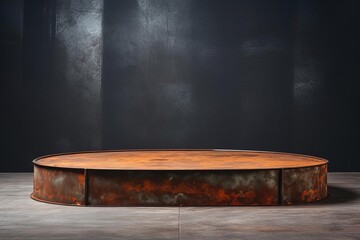 Rust-themed podium with weathered, corroded surfaces, set against a minimalist, industrial background, perfect for showcasing products with a vintage and strong character. Copy space