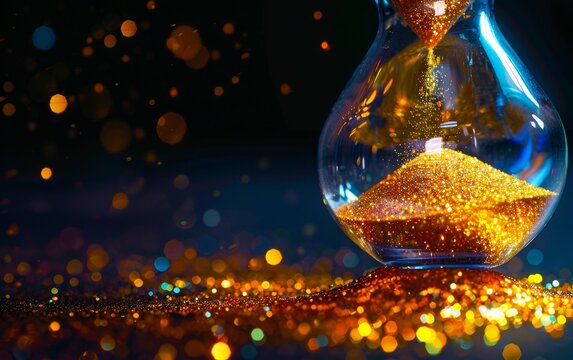A closeup of an hourglass with golden sand flowing, set against a dark background with bokeh lights and glitter effect, copy space