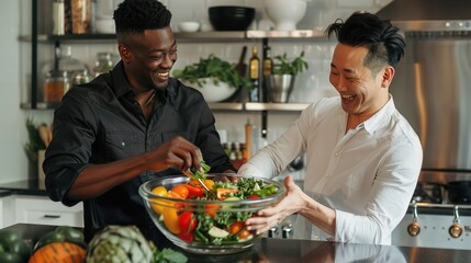 An interracial male couple, one Asian and one African American, in an elegantly designed kitchen, sharing a fun moment while preparing a large salad bowl together. LGBTQ, couples, kitchen, cooking,