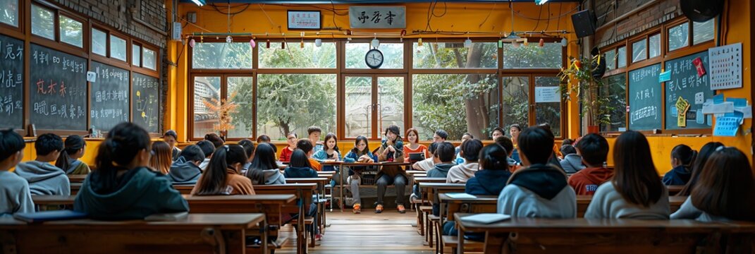 Generate an image of a Mandarin language class with students practicing pronunciation vocabulary and conversation skills under the guidance of a teacher.