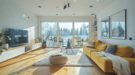 Bright and airy modern living room with large windows, hardwood floor, and yellow sofa.