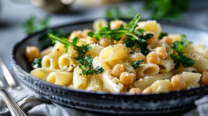 Close-up of a bowl of pasta with chickpeas garnished with herbs.