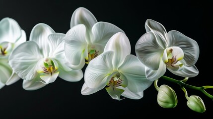 Close-up of a white orchid with delicate petals in bloom, set against a dark background, highlighting its elegant beauty.