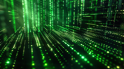 An endless, scrolling digital code in a matrix style, with streams of green binary numbers cascading down against a dark background.