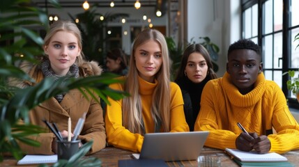 A diverse group of focused young businesspeople at a table with pens, paper, and a laptop in a modern workspace.