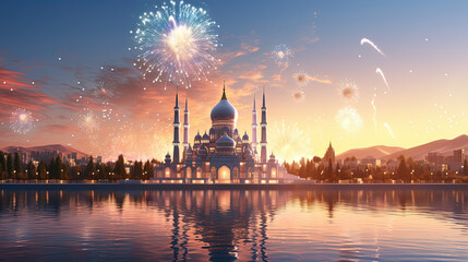 Front View of A Landscape Having A Mosque Reflect On River Water During Sunrise in The Sky Festive Fireworks Vibe