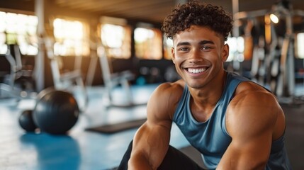 Fit young man in sportswear smiling and sitting in a gym with exercise equipment in the background.